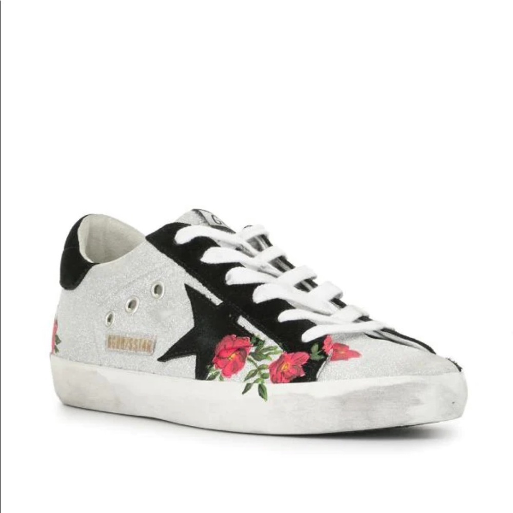 Golden Goose White Silver Sneakers with Black Star and Red Floral Embroidery